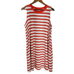 Time and Tru Womens XL Orange White Blue Sleeveless Knit T-Shirt Dress Pockets